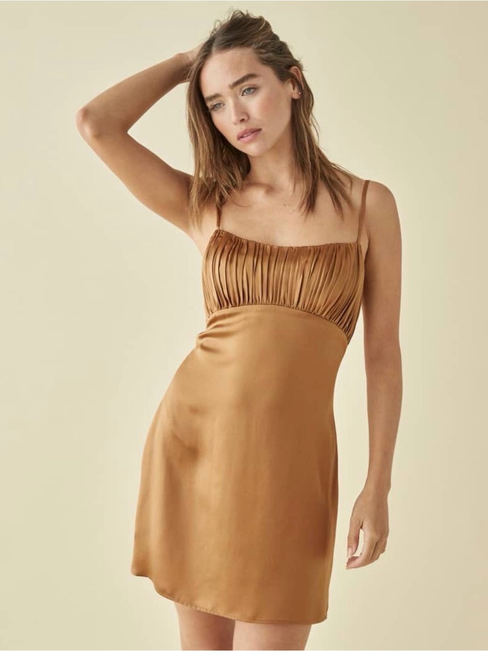 Reformation Satin Mini Dress in Caramel Brown